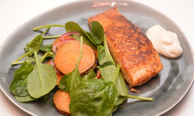 zoete aardappel met zalm